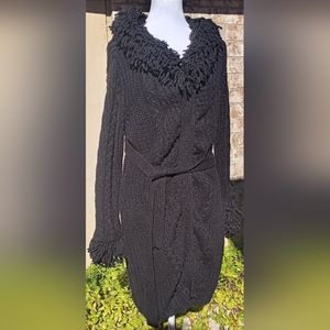 Bentley a. Long Duster Ruffled Belted Black Sweater Size Large